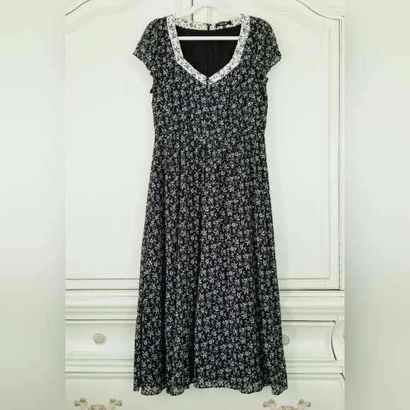 Madewell Black Branch Floral Swiss Dot Chiffon Short Sleeve Prairie Midi Dress 8 - Picture 2 of 7